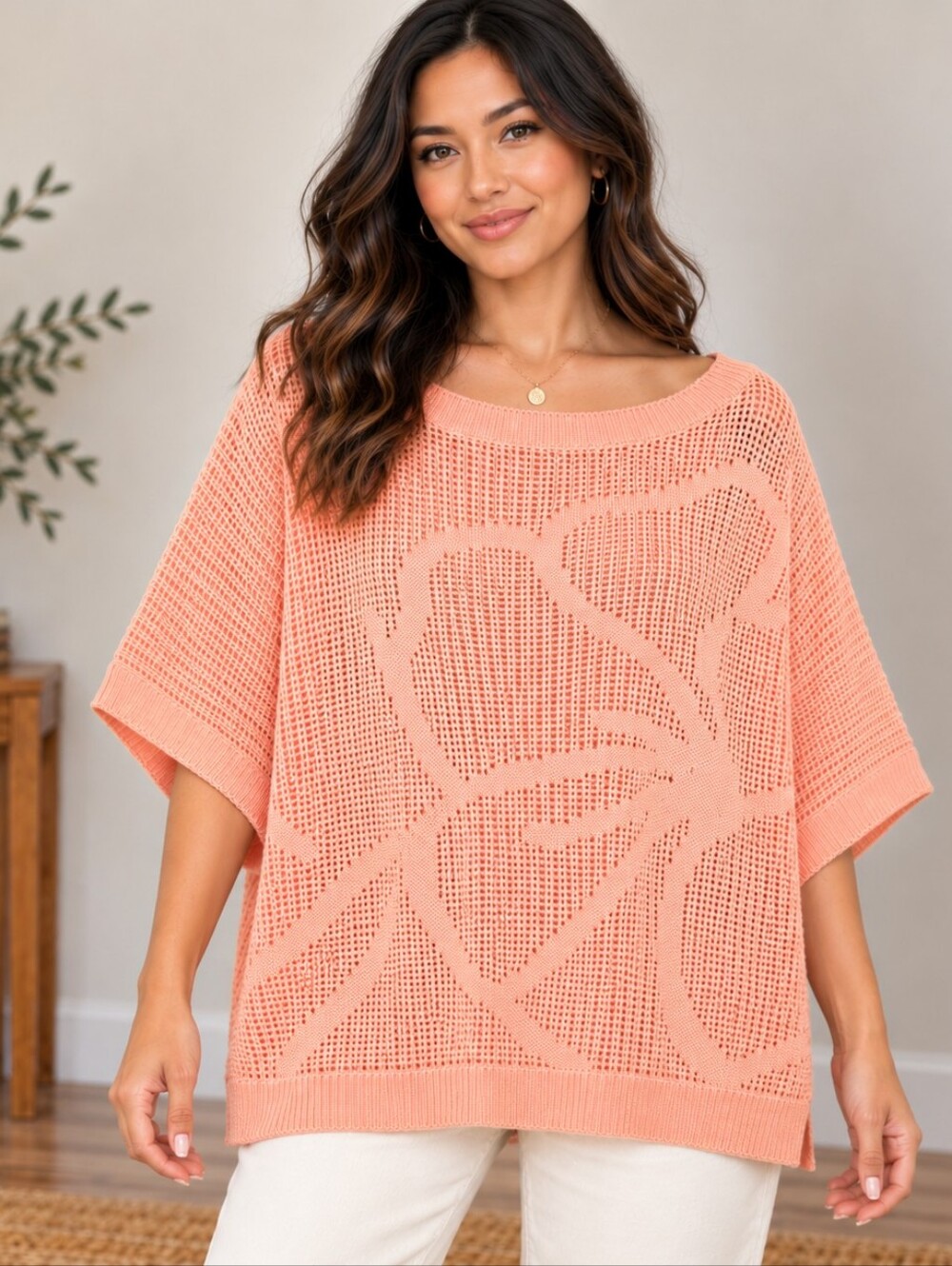 Peach Coral Open Knit Floral Sweater Top Small NWT Oversized A394